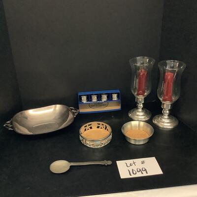 Lot 1099   Danish Silverplate Bowl by Godoy Fraberg, Pewter Coasters, Napkin Ring,& Candlesticks
