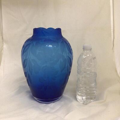 1114 Sand Carved Blue Art Glass Vase by Cynthia Myers