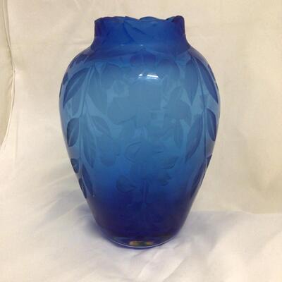 1114 Sand Carved Blue Art Glass Vase by Cynthia Myers