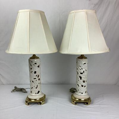1026 Pair of Signed Pottery Reticulated Lamps