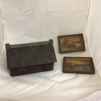 1126 Vintage Handmade Log Cabin with Two Framed Prints