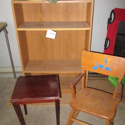 Veneer Bookshelf, Child's Chair, Side Table, Hat
