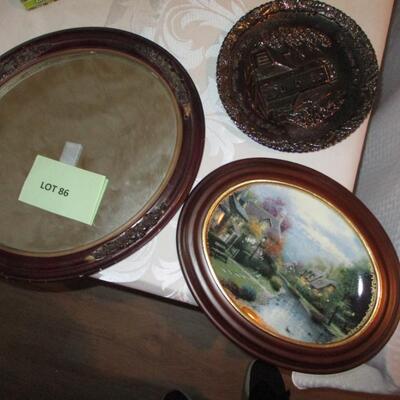 Irridescent Glass Plate, Framed collector plate and Mirror