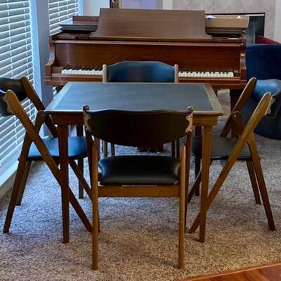 Mid Century Norquist Card Table With Four Black Leather Chairs