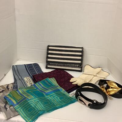 Lot 1153  Vintage Silk Scarves ( Lanvin, Paris/Oscar del Renta )/Vintage Leather Belts/ Vintage Clutch ( Chelsea )