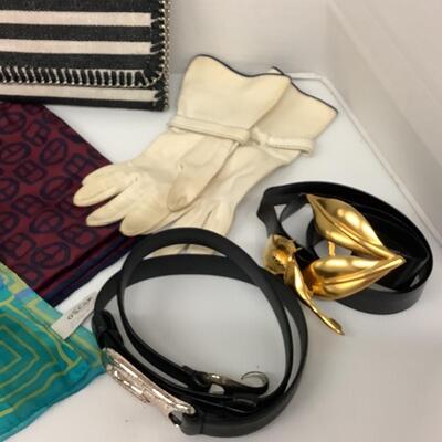 Lot 1153  Vintage Silk Scarves ( Lanvin, Paris/Oscar del Renta )/Vintage Leather Belts/ Vintage Clutch ( Chelsea )
