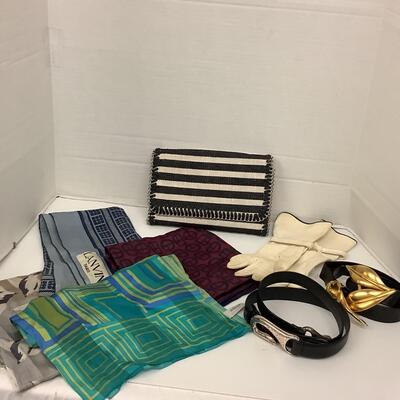 Lot 1153  Vintage Silk Scarves ( Lanvin, Paris/Oscar del Renta )/Vintage Leather Belts/ Vintage Clutch ( Chelsea )
