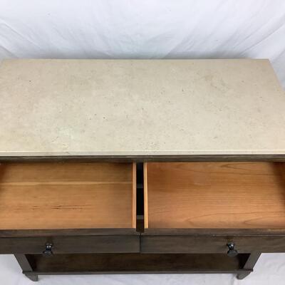 1041 Ethan Allen 2 Drawer Corian Top Console Table w/ Two Shelves