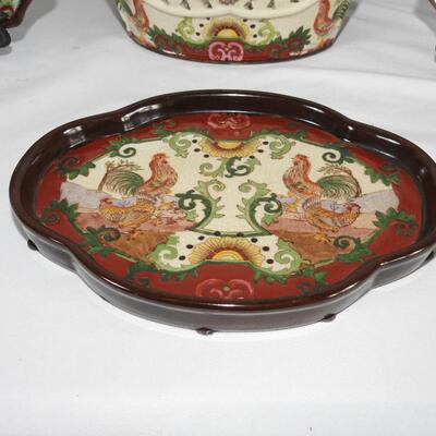 Hand painted Asian rooster decorative plates bowl and trivet