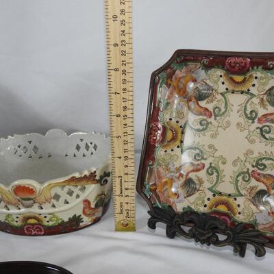 Hand painted Asian rooster decorative plates bowl and trivet
