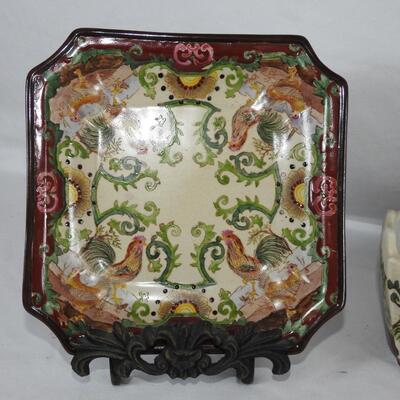 Hand painted Asian rooster decorative plates bowl and trivet