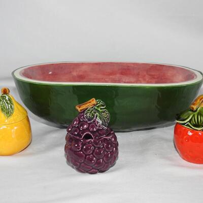 Watermelon serving bowl and fruit jam jars