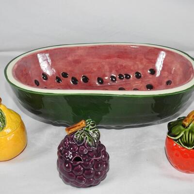 Watermelon serving bowl and fruit jam jars