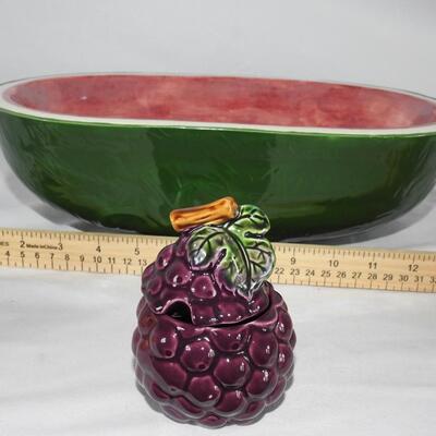 Watermelon serving bowl and fruit jam jars