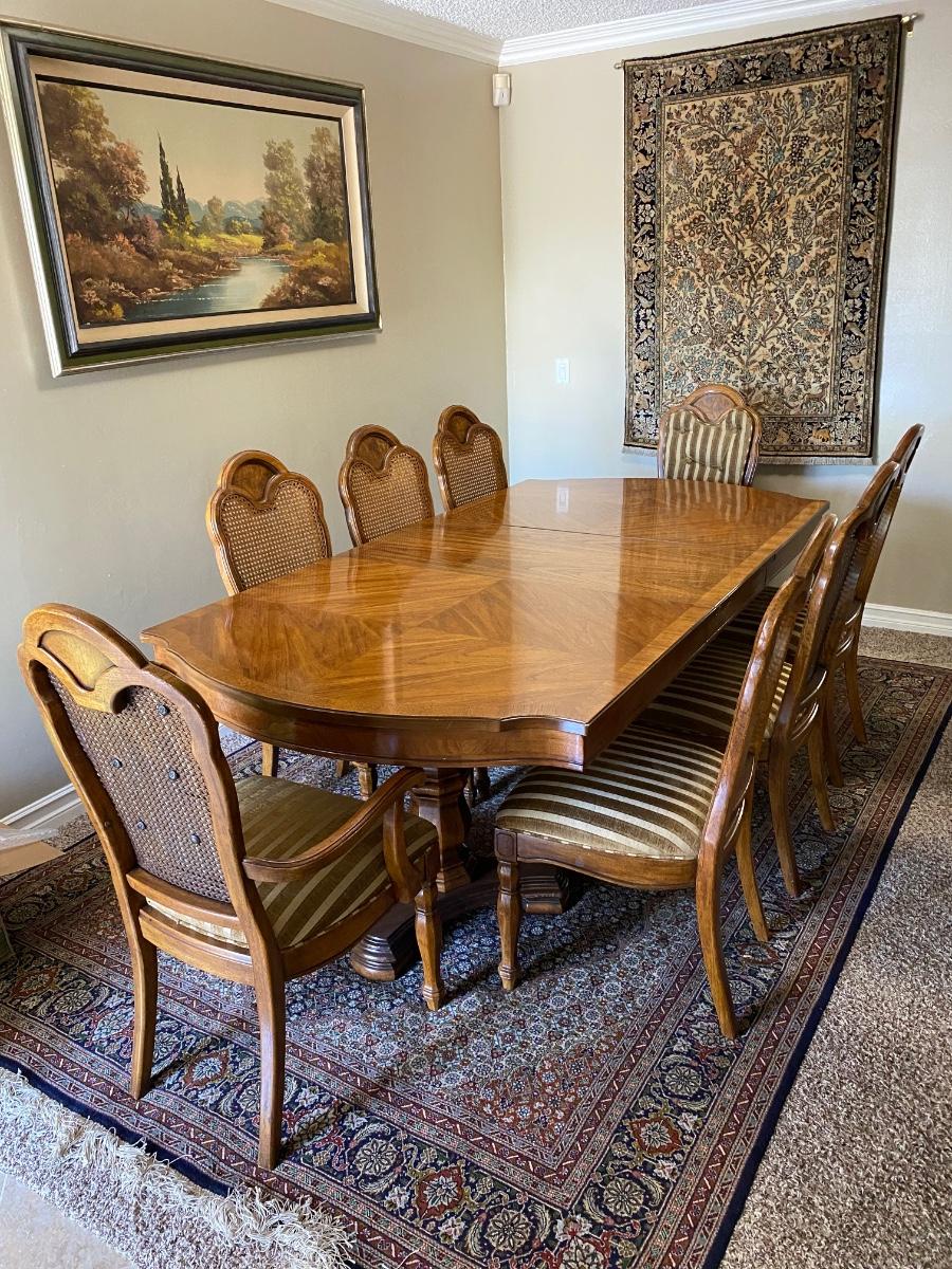 Midcentury Thomasville Formal Dining Room Table Set with 8 Cane Back