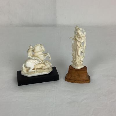 1267 St. George Fighting Dragon & Buddhist Carved Bone Figures