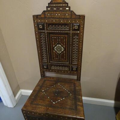 LOT 124 WOOD INLAY AND CARVED CHAIR