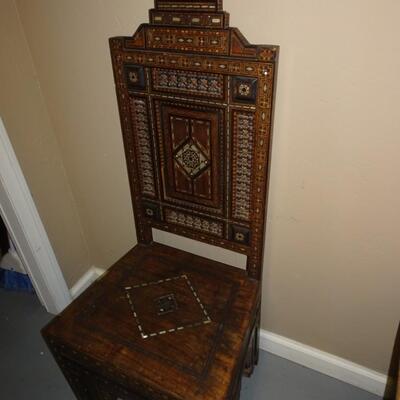 LOT 124 WOOD INLAY AND CARVED CHAIR