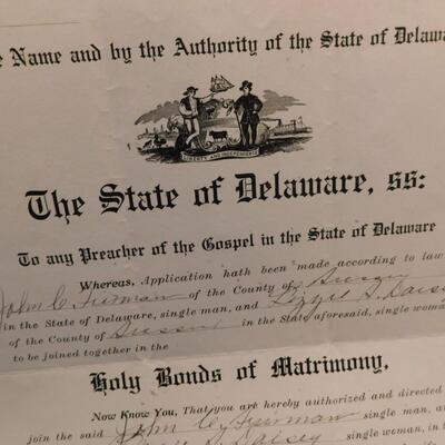 100+ Year Old Authentic Delaware Marriage Liscense