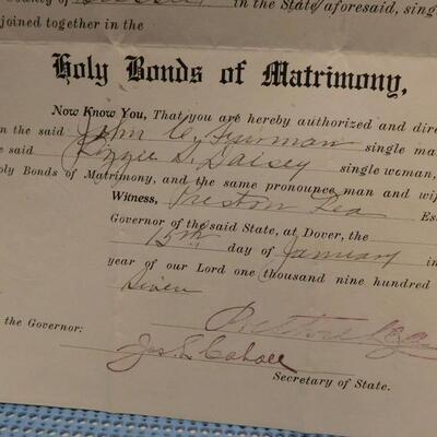 100+ Year Old Authentic Delaware Marriage Liscense