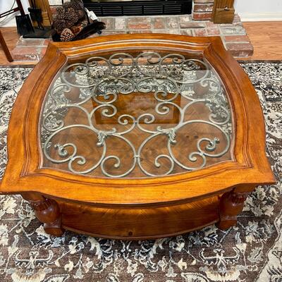 LOT 6  CONTEMPORARY STYLE GLASS TOP COFFEE TABLE METAL SCROLLWORK