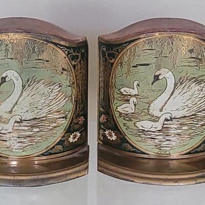 Lot 8: Antique Grammers Painted Swan Metal & Wood Bookends