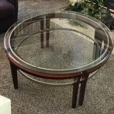 Round Glass Top Coffee Table With Metal Trim