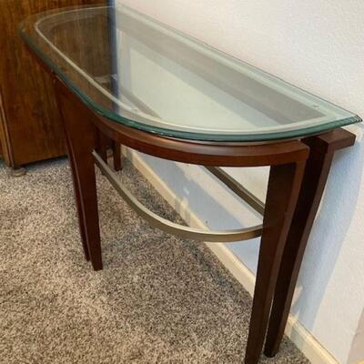 Glass Top Entry Table With Metal Trim