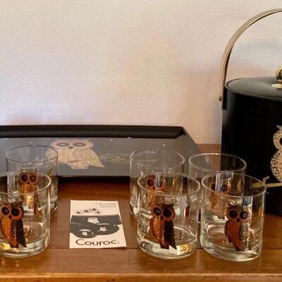 Vintage Couroc Owl Glasses (8), Tray & Ice Bucket