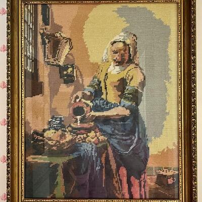 LOT 22  FRAMED FINE NEEDLEPOINT PICTORIAL WOMAN AT THE WELL OLD WORLD SCENE