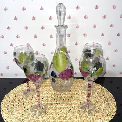 LOT 28  HAND PAINTED ON GLASS WINE SET DECANTER & 4 STEMS