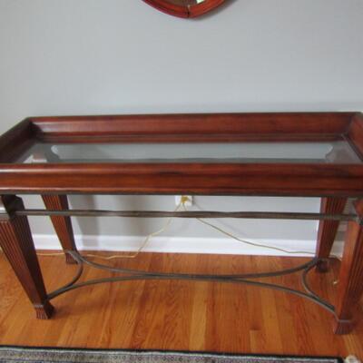 Wood Finish Sofa Table- Picture Frame Style Top with Inlaid Glass