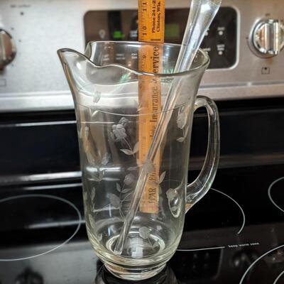 Beautiful Etched Glass Pitcher and Stirrer