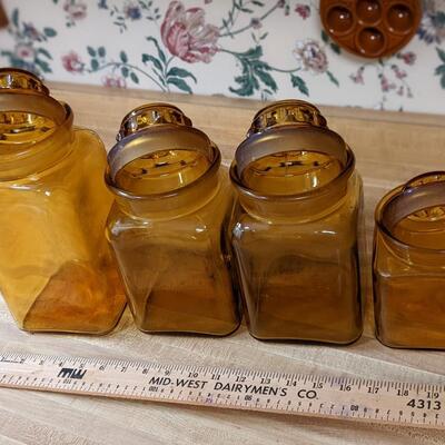Rare Set of Amber Glass Canisters, Some Chips in Lids