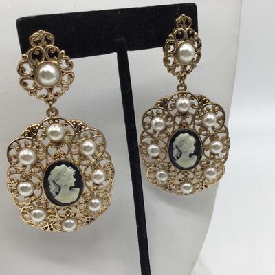 Large Gold Tone Cameo Earrings