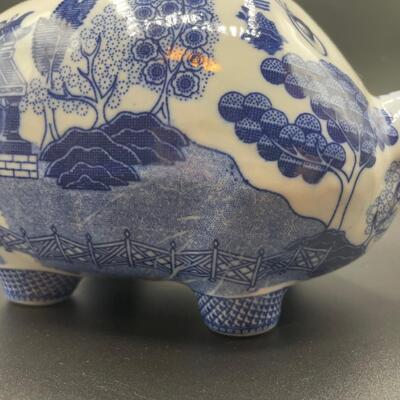 Vintage Delft Blue Style Porcelain Pig Figurine Piggy Bank