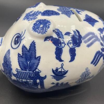 Vintage Delft Blue Style Porcelain Pig Figurine Piggy Bank