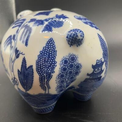 Vintage Delft Blue Style Porcelain Pig Figurine Piggy Bank