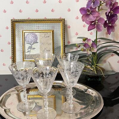 Lot 35 Antique Etched Crystal Goblets 5 Fancy Stems + Faux Orchid + Framed Motto
