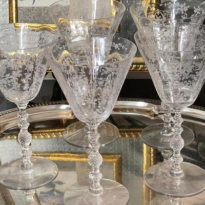 Lot 35 Antique Etched Crystal Goblets 5 Fancy Stems + Faux Orchid + Framed Motto