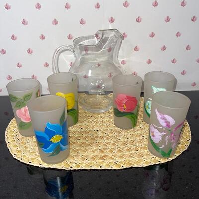 Lot 36 Vintage Frosted Glasses 6 w/Hand Painted Flowers + Clear 