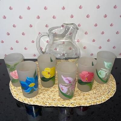 Lot 36 Vintage Frosted Glasses 6 w/Hand Painted Flowers + Clear 