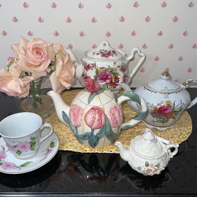 Lot 37 Group 4 Teapots Cup & Saucer & Faux Roses English Staffordshire