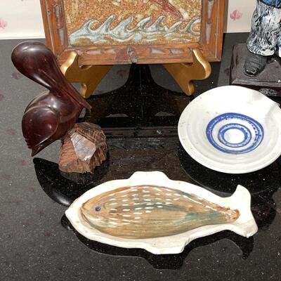 Lot 41 Sea Chanty Group Ancient Mariner Figure Bookends Dolphin Tile Ceramic Dishes Ironwood Pelican
