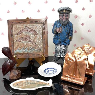 Lot 41 Sea Chanty Group Ancient Mariner Figure Bookends Dolphin Tile Ceramic Dishes Ironwood Pelican