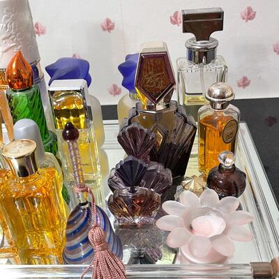Lot 42 Large Group of Perfume Bottles & Glass Mirror Tray Poison Passion