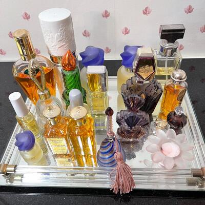 Lot 42 Large Group of Perfume Bottles & Glass Mirror Tray Poison Passion