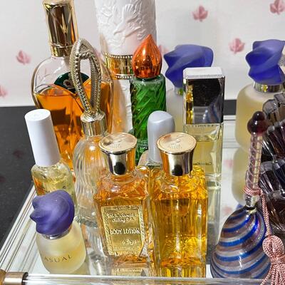 Lot 42 Large Group of Perfume Bottles & Glass Mirror Tray Poison Passion