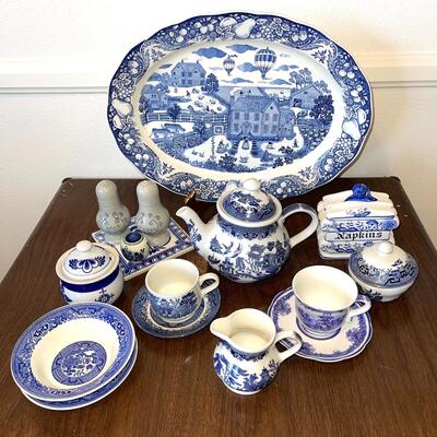Lot 45 Blue & White China for Kitchen & Serving Platter Teapot Salt Pepper Different Patterns