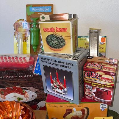 Lot 46 NEW IN BOX Kitchen Mini Loaf Pan, Turkey Table Set, Silverplate Rose Bowl & Candles + MORE